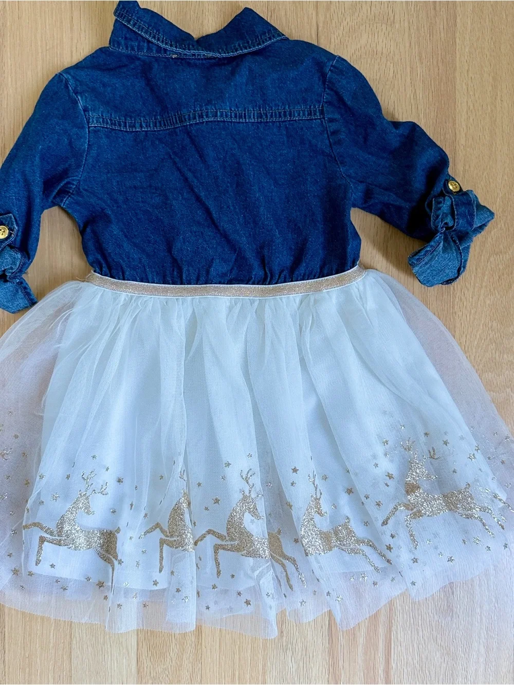 Lilt Kids Denim & Tulle Holiday Dress | Gold Glitter Reindeer & Stars | Size 3T